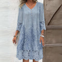 Women's Baroque Print Midi – V Neck 3/4 Sleeve Lace Trim Casual Summer Dress