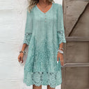 Women's Baroque Print Midi – V Neck 3/4 Sleeve Lace Trim Casual Summer Dress