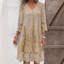 Women's Baroque Print Midi – V Neck 3/4 Sleeve Lace Trim Casual Summer Dress