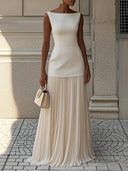 Women's Bateau Neck Sleeveless Maxi Dress – Fitted Bodice Pleated Skirt Formal