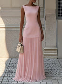 Women's Bateau Neck Sleeveless Maxi Dress – Fitted Bodice Pleated Skirt Formal