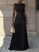 Women's Bateau Neck Sleeveless Maxi Dress – Fitted Bodice Pleated Skirt Formal