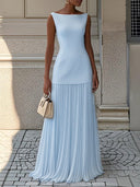 Women's Bateau Neck Sleeveless Maxi Dress – Fitted Bodice Pleated Skirt Formal