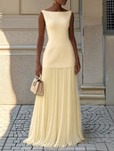 Women's Bateau Neck Sleeveless Maxi Dress – Fitted Bodice Pleated Skirt Formal