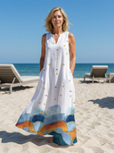 Women's Bird Print Maxi – V Neck Sleeveless Border Hem Pocket Beach Summer Dress