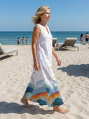 Women's Bird Print Maxi – V Neck Sleeveless Border Hem Pocket Beach Summer Dress