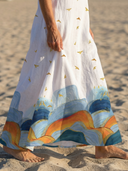 Women's Bird Print Maxi – V Neck Sleeveless Border Hem Pocket Beach Summer Dress