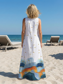 Women's Bird Print Maxi – V Neck Sleeveless Border Hem Pocket Beach Summer Dress
