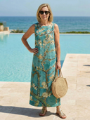 Women's Blossom Print Maxi – Round Neck Sleeveless Column Hem Resort Beach Summer Dress