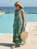 Women's Blossom Print Maxi – Round Neck Sleeveless Column Hem Resort Beach Summer Dress