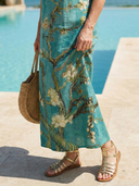 Women's Blossom Print Maxi – Round Neck Sleeveless Column Hem Resort Beach Summer Dress