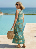 Women's Blossom Print Maxi – Round Neck Sleeveless Column Hem Resort Beach Summer Dress