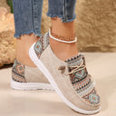 Women's Boho Aztec Print Canvas Sneakers – Round Toe Cord Lace Slip On Flat Shoes
