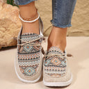 Women's Boho Aztec Print Canvas Sneakers – Round Toe Cord Lace Slip On Flat Shoes