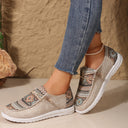 Women's Boho Aztec Print Canvas Sneakers – Round Toe Cord Lace Slip On Flat Shoes