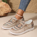 Women's Boho Aztec Print Canvas Sneakers – Round Toe Cord Lace Slip On Flat Shoes