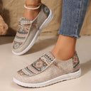 Women's Boho Aztec Print Canvas Sneakers – Round Toe Cord Lace Slip On Flat Shoes