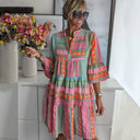 Women's Boho Print Midi Summer Vacation Dress – V Neck 3/4 Sleeve Tiered