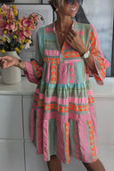 Women's Boho Print Midi Summer Vacation Dress – V Neck 3/4 Sleeve Tiered