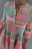 Women's Boho Print Midi Summer Vacation Dress – V Neck 3/4 Sleeve Tiered