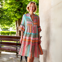 Women's Boho Print Midi Summer Vacation Dress – V Neck 3/4 Sleeve Tiered