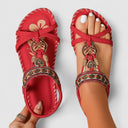 Women's Boho Beaded T-Strap Sandals – Elastic Heel Flat Open Toe Summer