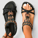 Women's Boho Beaded T-Strap Sandals – Elastic Heel Flat Open Toe Summer