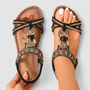 Women's Boho Beaded T-Strap Sandals – Elastic Heel Flat Open Toe Summer