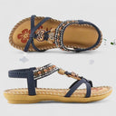 Women's Boho Beaded T-Strap Sandals – Elastic Heel Flat Open Toe Summer
