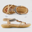 Women's Boho Beaded T-Strap Sandals – Elastic Heel Flat Open Toe Summer