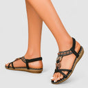 Women's Boho Beaded T-Strap Sandals – Elastic Heel Flat Open Toe Summer