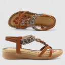 Women's Boho Beaded T-Strap Sandals – Elastic Heel Flat Open Toe Summer