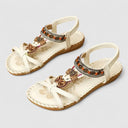 Women's Boho Beaded T-Strap Sandals – Elastic Heel Flat Open Toe Summer