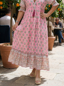 Women's Boho Block Print Maxi – V Neck Ruffle Sleeve Border Hem Summer Dress