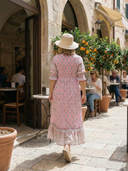 Women's Boho Block Print Maxi – V Neck Ruffle Sleeve Border Hem Summer Dress