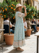 Women's Boho Block Print Maxi – V Neck Ruffle Sleeve Border Hem Summer Dress