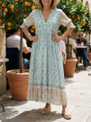 Women's Boho Block Print Maxi – V Neck Ruffle Sleeve Border Hem Summer Dress