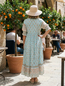 Women's Boho Block Print Maxi – V Neck Ruffle Sleeve Border Hem Summer Dress