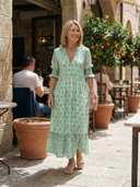 Women's Boho Block Print Maxi – V Neck Ruffle Sleeve Border Hem Summer Dress