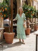 Women's Boho Block Print Maxi – V Neck Ruffle Sleeve Border Hem Summer Dress