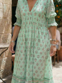Women's Boho Block Print Maxi – V Neck Ruffle Sleeve Border Hem Summer Dress