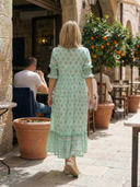 Women's Boho Block Print Maxi – V Neck Ruffle Sleeve Border Hem Summer Dress