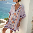 Women's Boho Circle Print Beach Cover Up – V Neck Tassel Trim Batwing