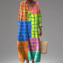 Women's Boho Colorblock Plaid Midi – V Neck Long Sleeve Oversized Casual Dress