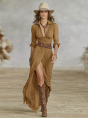 Women's Boho Crinkle Maxi Dress – Shirt Collar Button Front Long Sleeve Slit