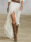 Women's Boho Crinkle Maxi Dress – Shirt Collar Button Front Long Sleeve Slit