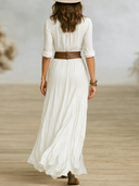 Women's Boho Crinkle Maxi Dress – Shirt Collar Button Front Long Sleeve Slit