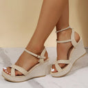 Women's Boho Crossover Strap Wedge Sandals – Ankle Buckle Open Toe Summer