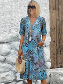 Women's Boho Ditsy Floral Midi – V Neck Short Sleeve Pocket Casual Summer Dress