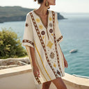 Women's Boho Embroidered Beach Cover Up – V Neck Batwing Sleeve Resort